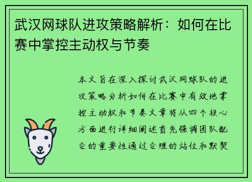 武汉网球队进攻策略解析：如何在比赛中掌控主动权与节奏